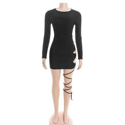 Long sleeve hollow out self tie crewneck mini dress  | Festival Outfits Women