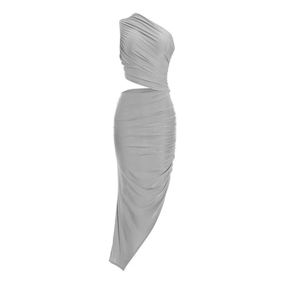Irregular one shoulder ruched hollow out midi dress  | Festival Outfits Women