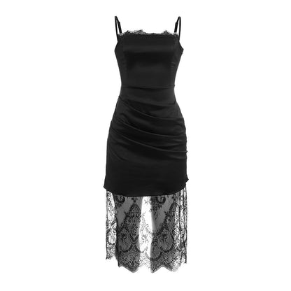 Lace hem pleated zip-up lace up satin midi dress  | Festival Outfits Women