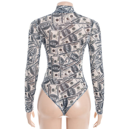 Sheer mesh US dollar print long sleeve bodysuit  | Festival Outfits Women