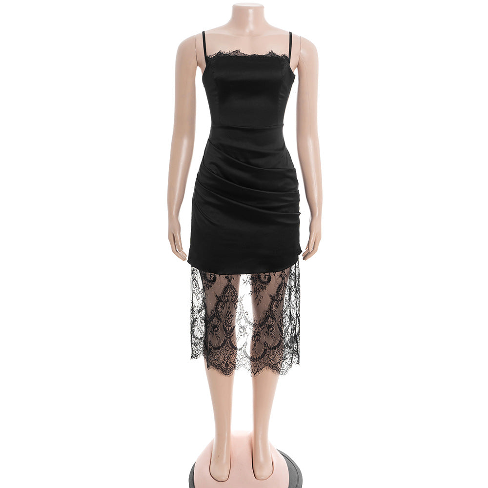 Lace hem pleated zip-up lace up satin midi dress  | Festival Outfits Women