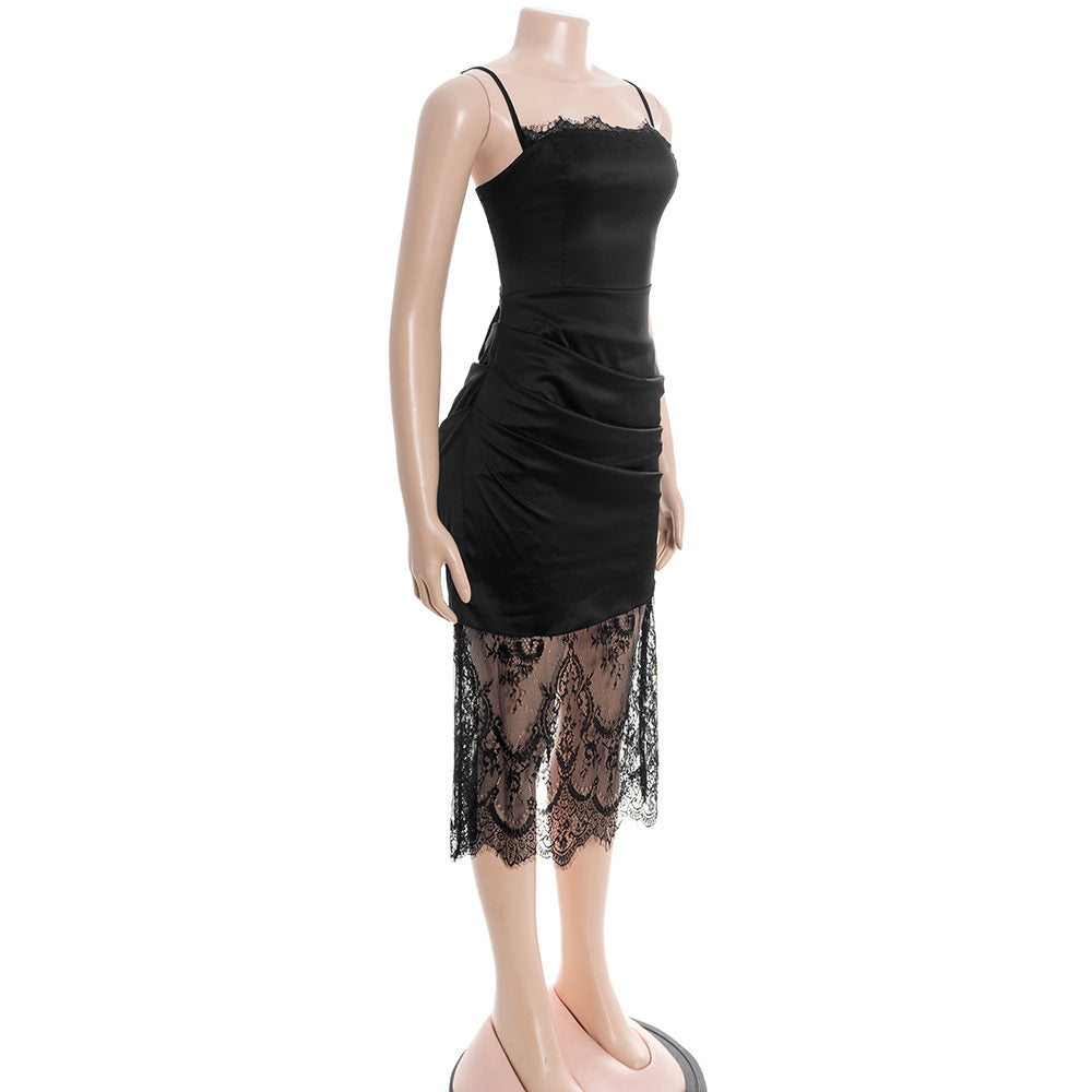 Lace hem pleated zip-up lace up satin midi dress  | Festival Outfits Women