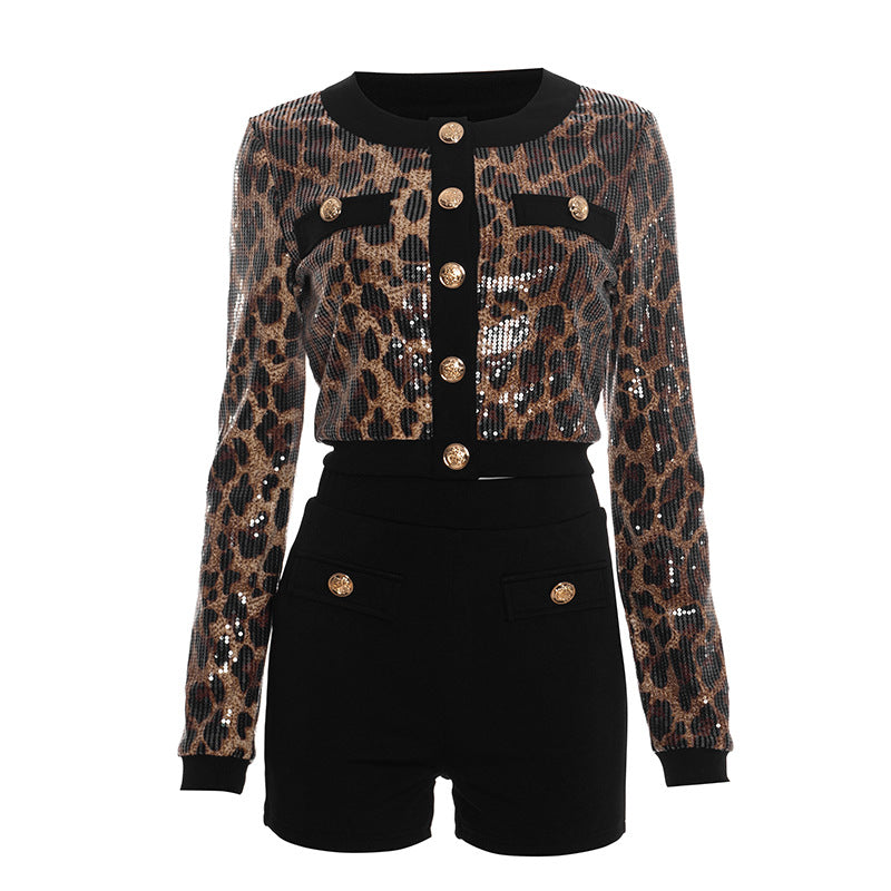 Leopard print glitter crewneck long sleeve pant set  | Festival Outfits Women