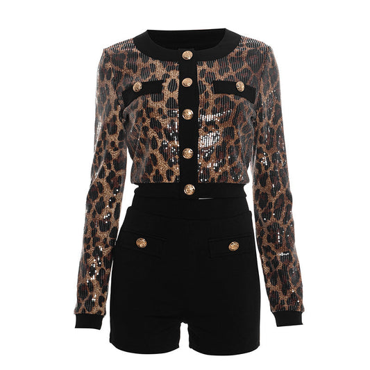 Leopard print glitter crewneck long sleeve pant set  | Festival Outfits Women