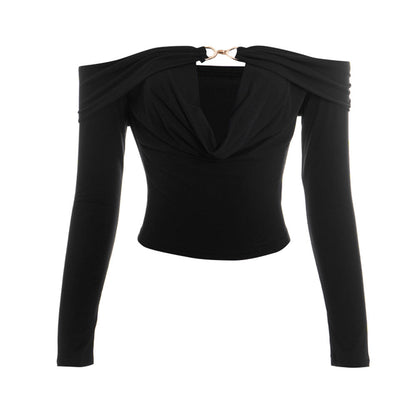 Off shoulder long sleeve hollow out solid top  | Festival Outfits Women