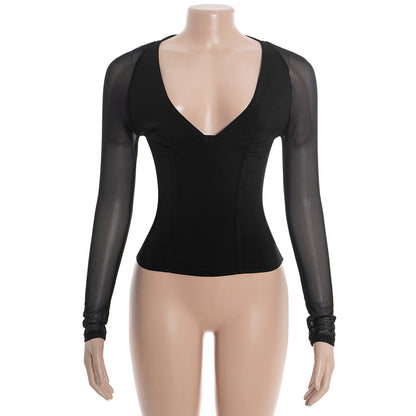 Mesh v neck long sleeve solid self tie top  | Festival Outfits Women
