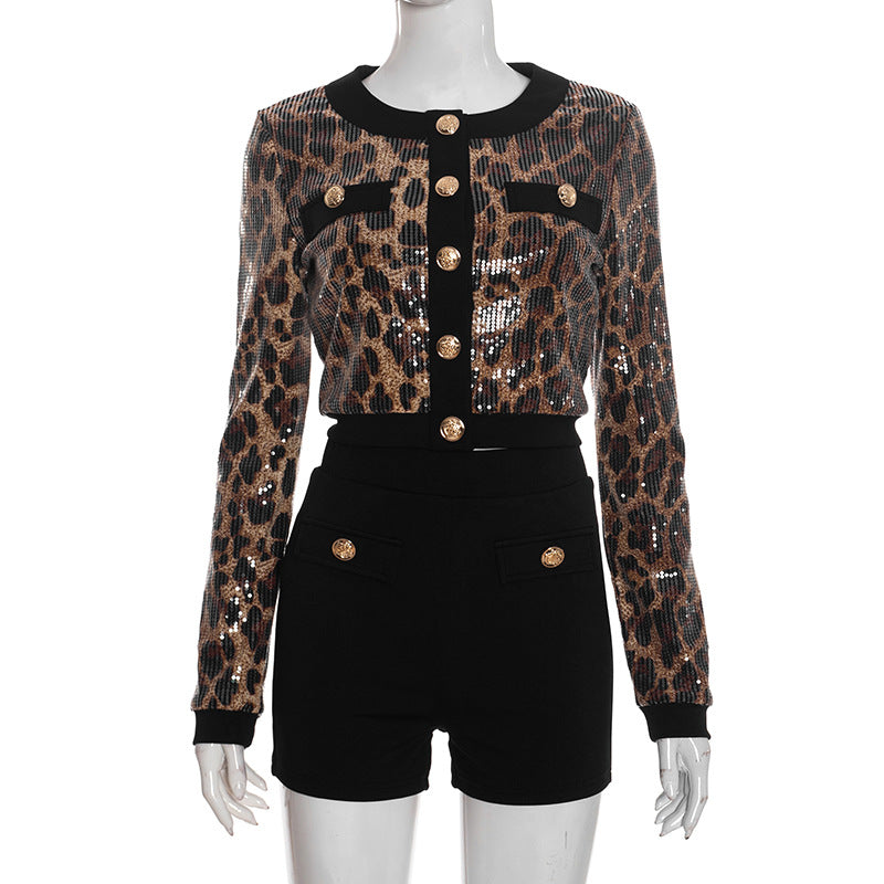 Leopard print glitter crewneck long sleeve pant set  | Festival Outfits Women