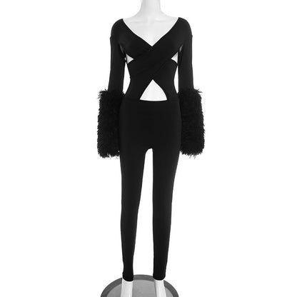 Hollow out long sleeve fluffy v neck jumpsuit  | Festival Outfits Women