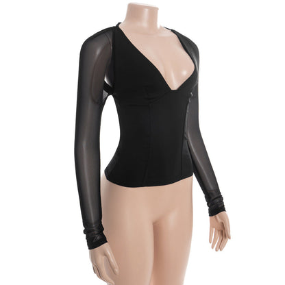 Mesh v neck long sleeve solid self tie top  | Festival Outfits Women