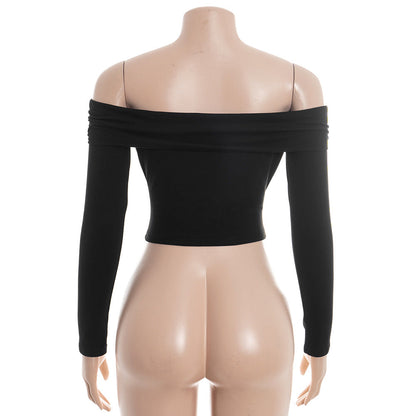 Off shoulder long sleeve hollow out solid top  | Festival Outfits Women