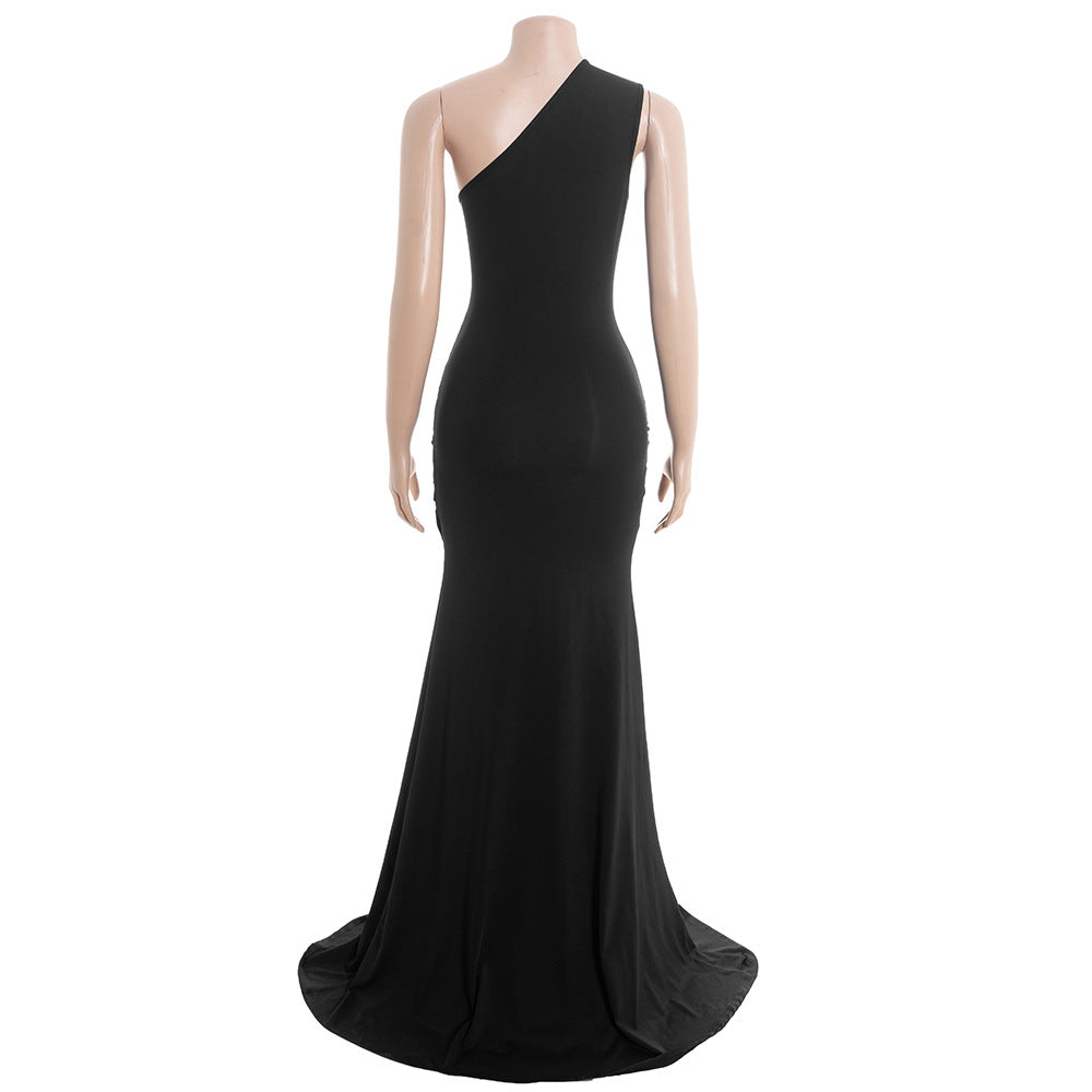One shoulder ruched slit solid irregular maxi dress  | Festival Outfits Women