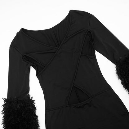 Hollow out long sleeve fluffy v neck jumpsuit  | Festival Outfits Women