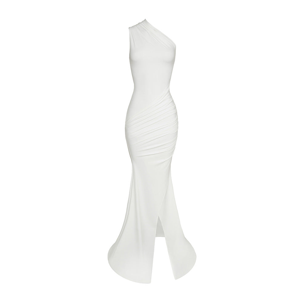 One shoulder ruched slit solid irregular maxi dress  | Festival Outfits Women