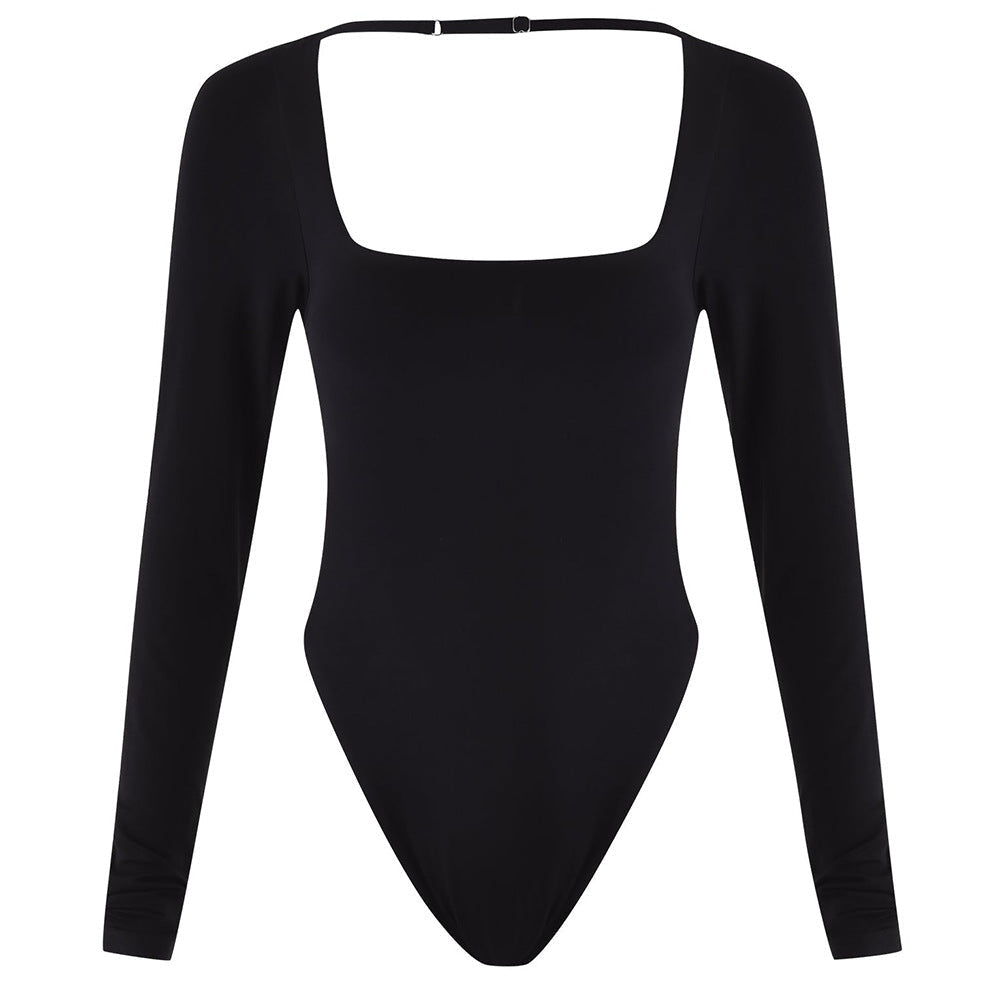 Long sleeve square neck cross back solid bodysuit  | Festival Outfits Women