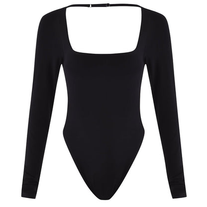 Long sleeve square neck cross back solid bodysuit  | Festival Outfits Women