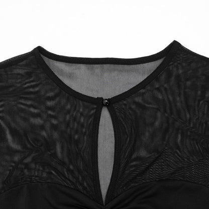 Long sleeve crewneck hollow out ruched mesh mini dress  | Festival Outfits Women