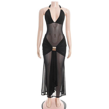 Halter self tie mesh ruched v neck maxi dress  | Festival Outfits Women