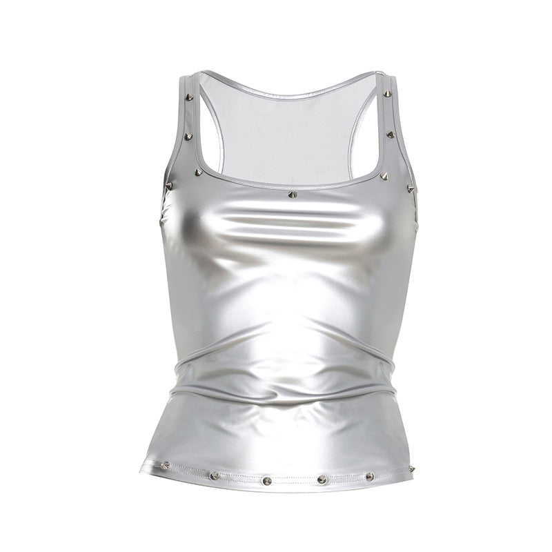 Metallic square neck rivet applique tank top  | Festival Outfits Women