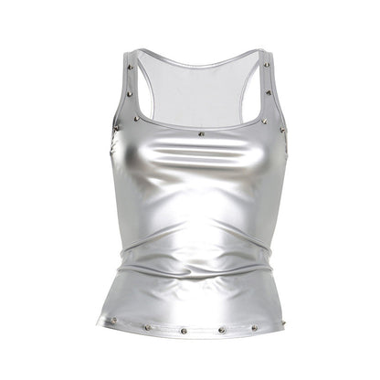 Metallic square neck rivet applique tank top  | Festival Outfits Women