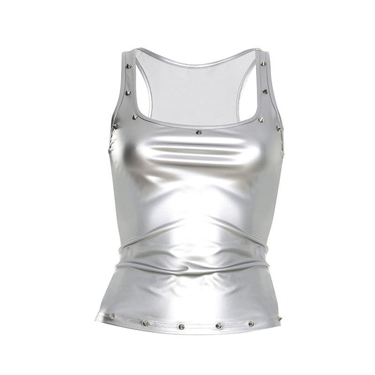 Metallic square neck rivet applique tank top  | Festival Outfits Women