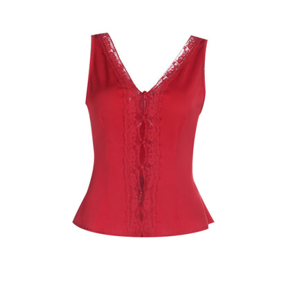 Lace hem v neck self tie hollow out satin top  | Festival Outfits Women