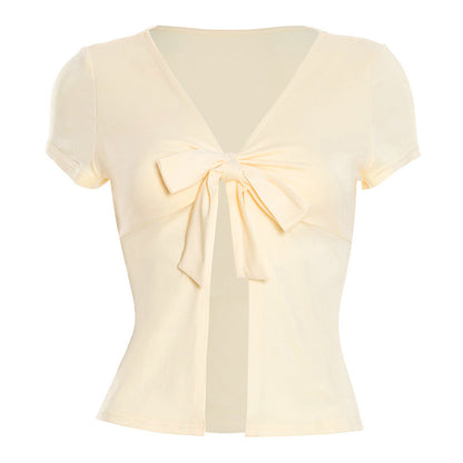 Short sleeve v neck self tie solid crop top  | Festival Outfits Women