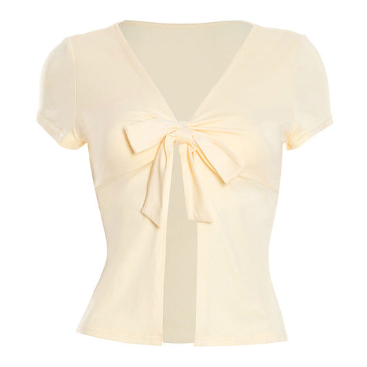 Short sleeve v neck self tie solid crop top  | Festival Outfits Women