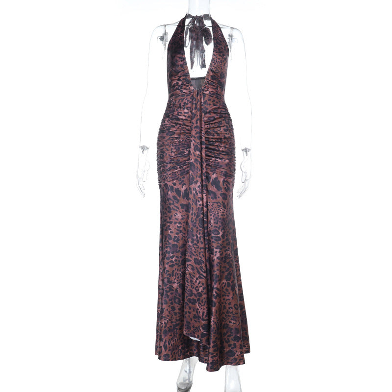 Leopard print ruched halter self tie v neck maxi dress  | Festival Outfits Women