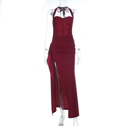 Irregular pleated slit halter self tie maxi dress  | Festival Outfits Women