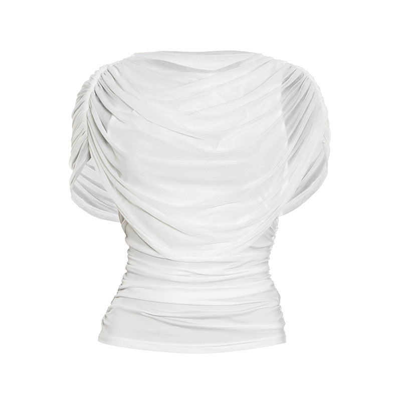 Ruched crewneck mesh solid top  | Festival Outfits Women