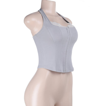 Lace hem self tie halter corset backless top  | Festival Outfits Women