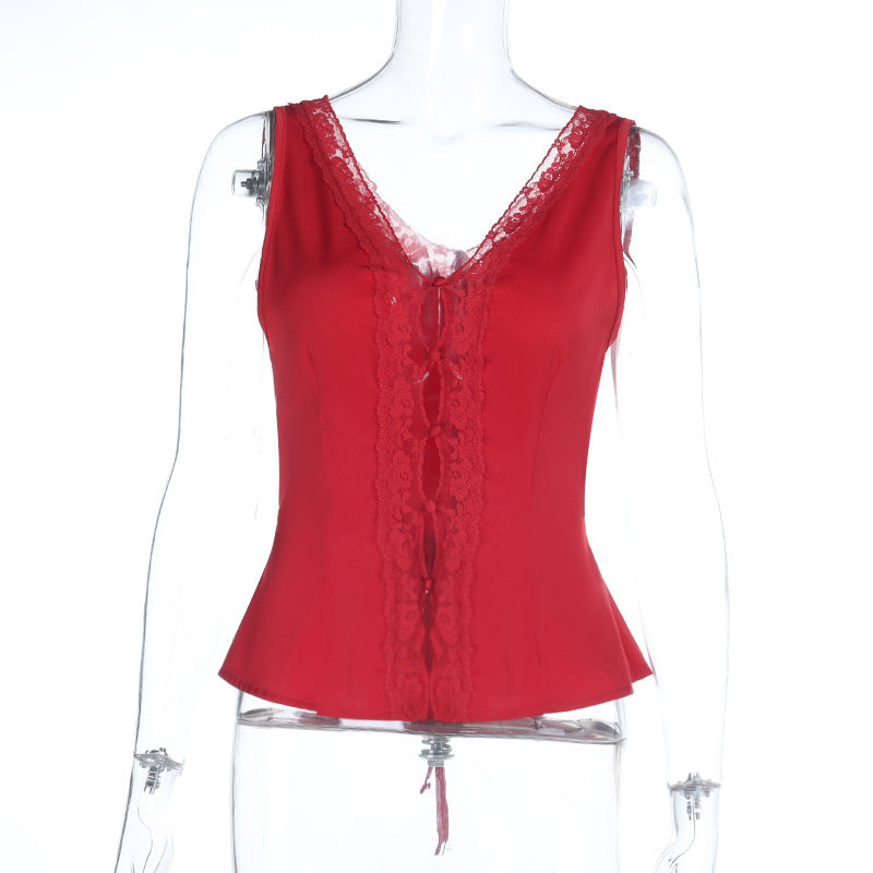 Lace hem v neck self tie hollow out satin top  | Festival Outfits Women