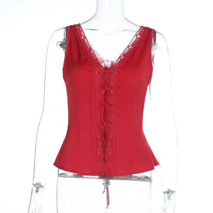 Lace hem v neck self tie hollow out satin top  | Festival Outfits Women