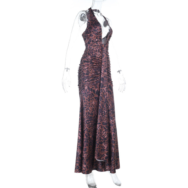 Leopard print ruched halter self tie v neck maxi dress  | Festival Outfits Women