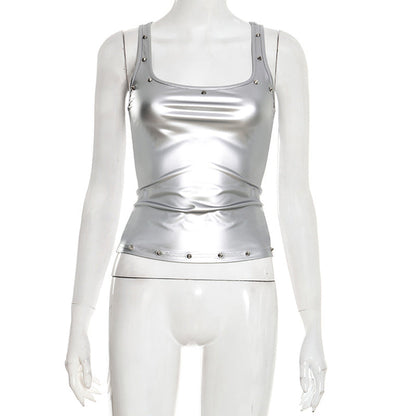 Metallic square neck rivet applique tank top  | Festival Outfits Women