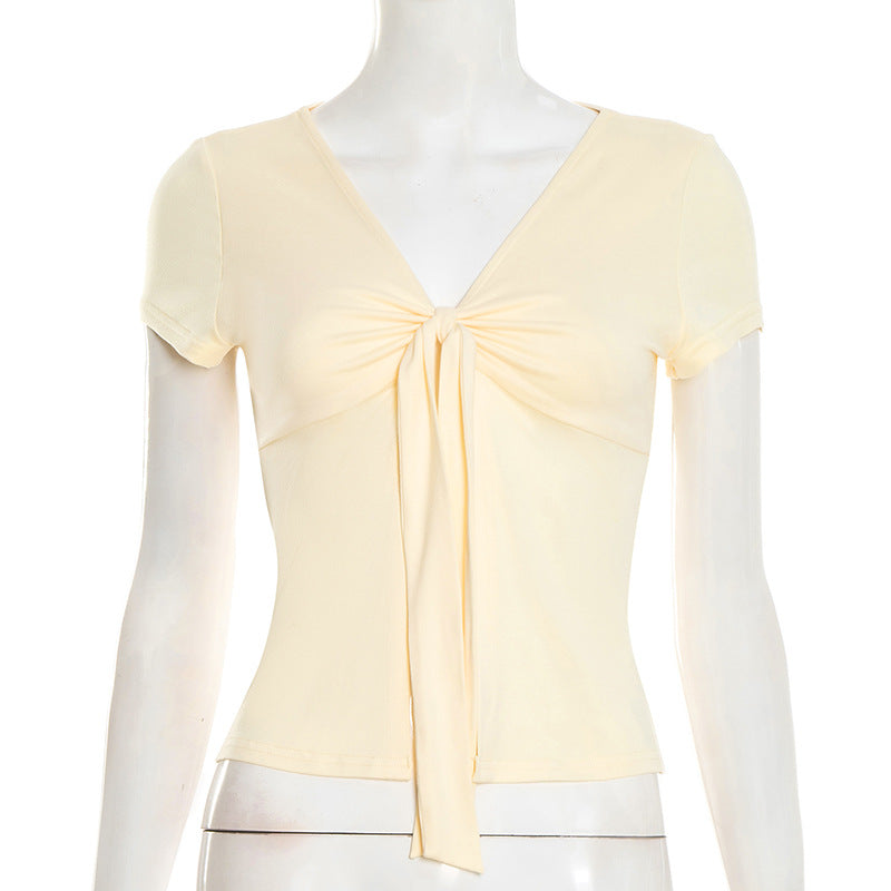 Short sleeve v neck self tie solid crop top  | Festival Outfits Women