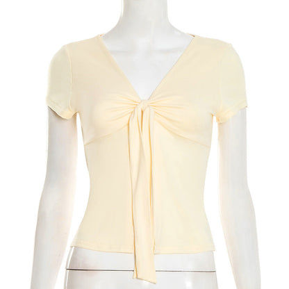 Short sleeve v neck self tie solid crop top  | Festival Outfits Women