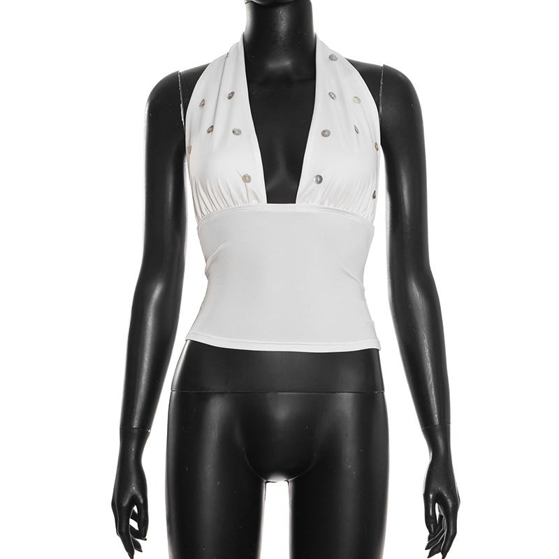 Self tie halter button applique backless top  | Festival Outfits Women