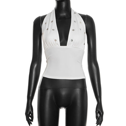 Self tie halter button applique backless top  | Festival Outfits Women