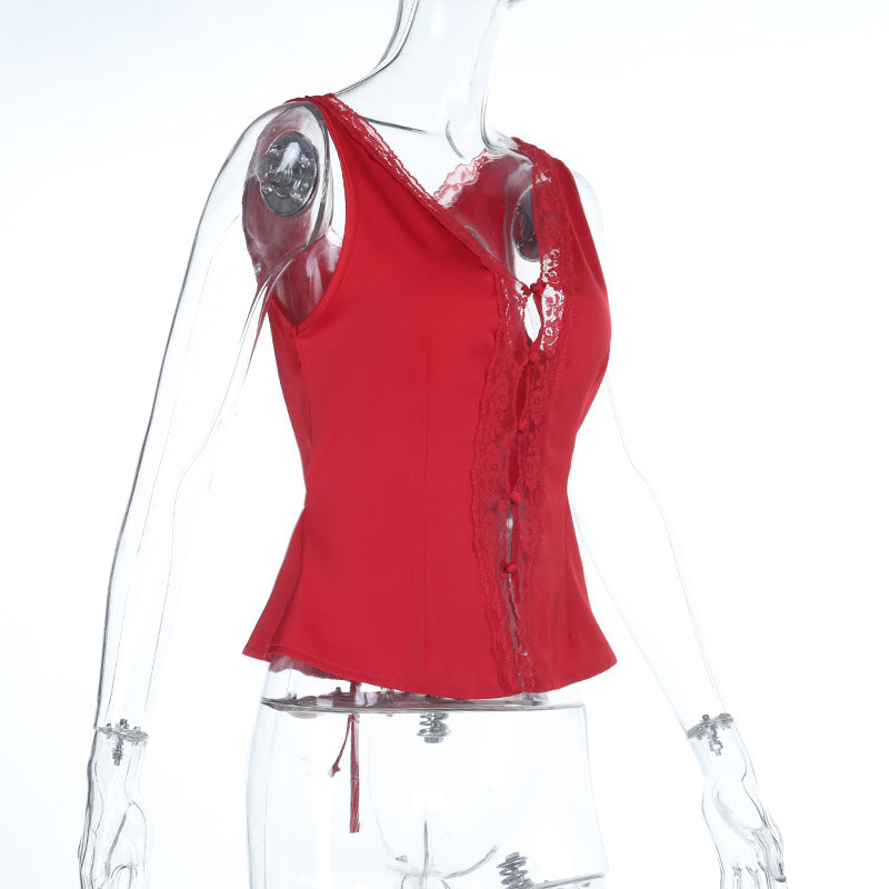 Lace hem v neck self tie hollow out satin top  | Festival Outfits Women