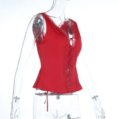 Lace hem v neck self tie hollow out satin top  | Festival Outfits Women