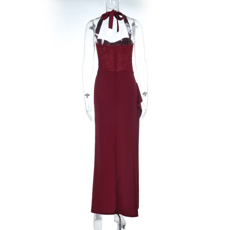 Irregular pleated slit halter self tie maxi dress  | Festival Outfits Women