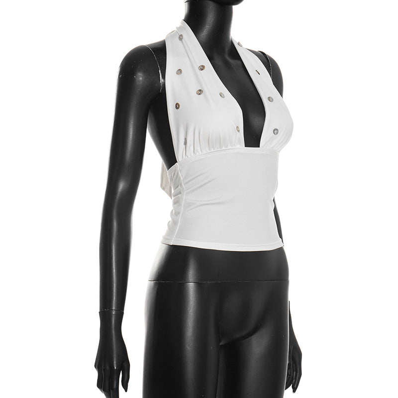 Self tie halter button applique backless top  | Festival Outfits Women
