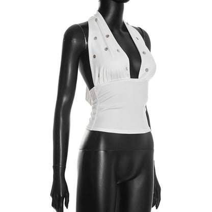Self tie halter button applique backless top  | Festival Outfits Women