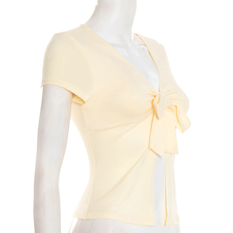 Short sleeve v neck self tie solid crop top  | Festival Outfits Women