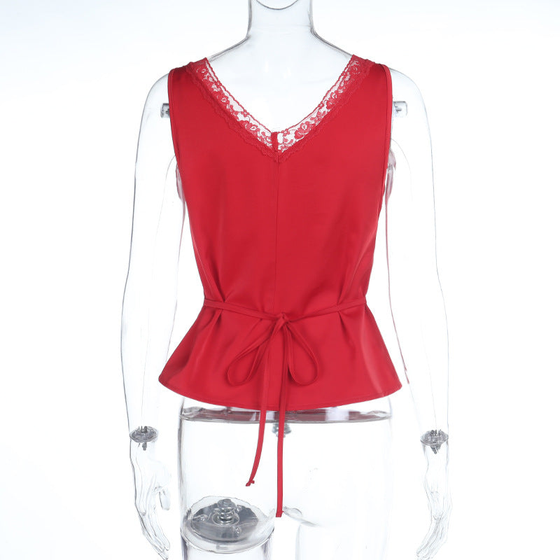 Lace hem v neck self tie hollow out satin top  | Festival Outfits Women
