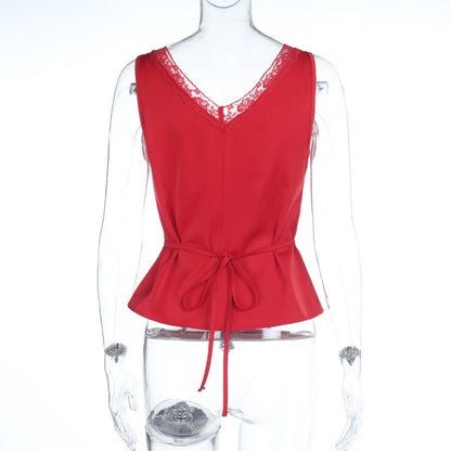 Lace hem v neck self tie hollow out satin top  | Festival Outfits Women