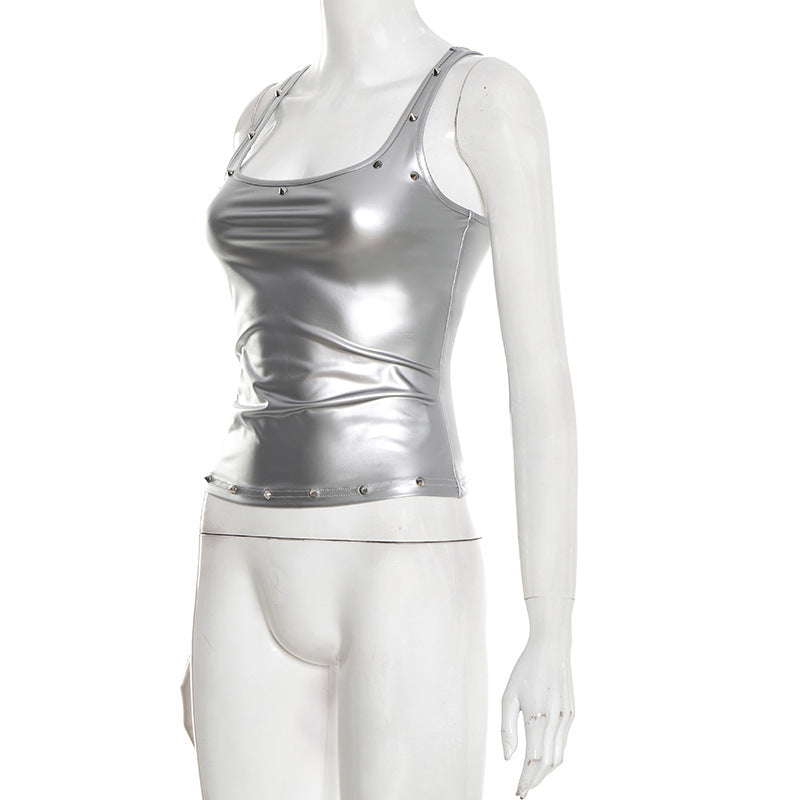 Metallic square neck rivet applique tank top  | Festival Outfits Women