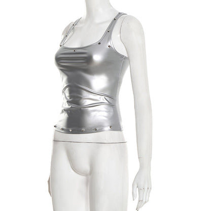 Metallic square neck rivet applique tank top  | Festival Outfits Women
