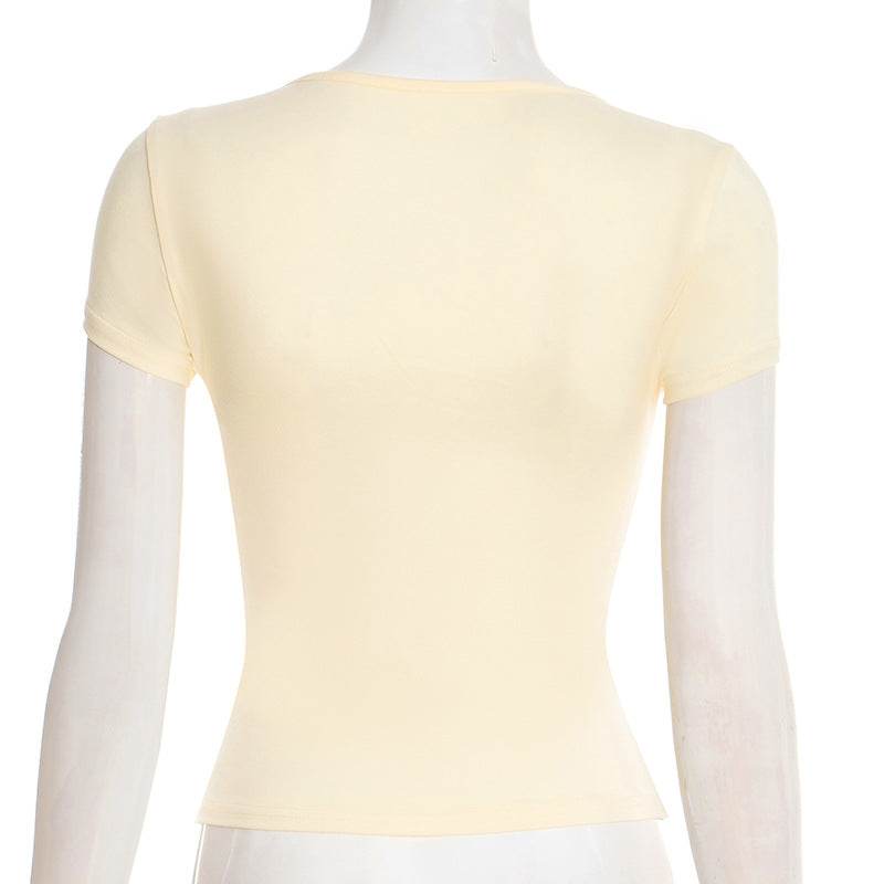 Short sleeve v neck self tie solid crop top  | Festival Outfits Women